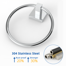 Load image into Gallery viewer, RUACQ Hand Towel Ring Wall Mounted, Square Base, Stainless Steel, Heavy Duty, Chrome, CQ-87011-C