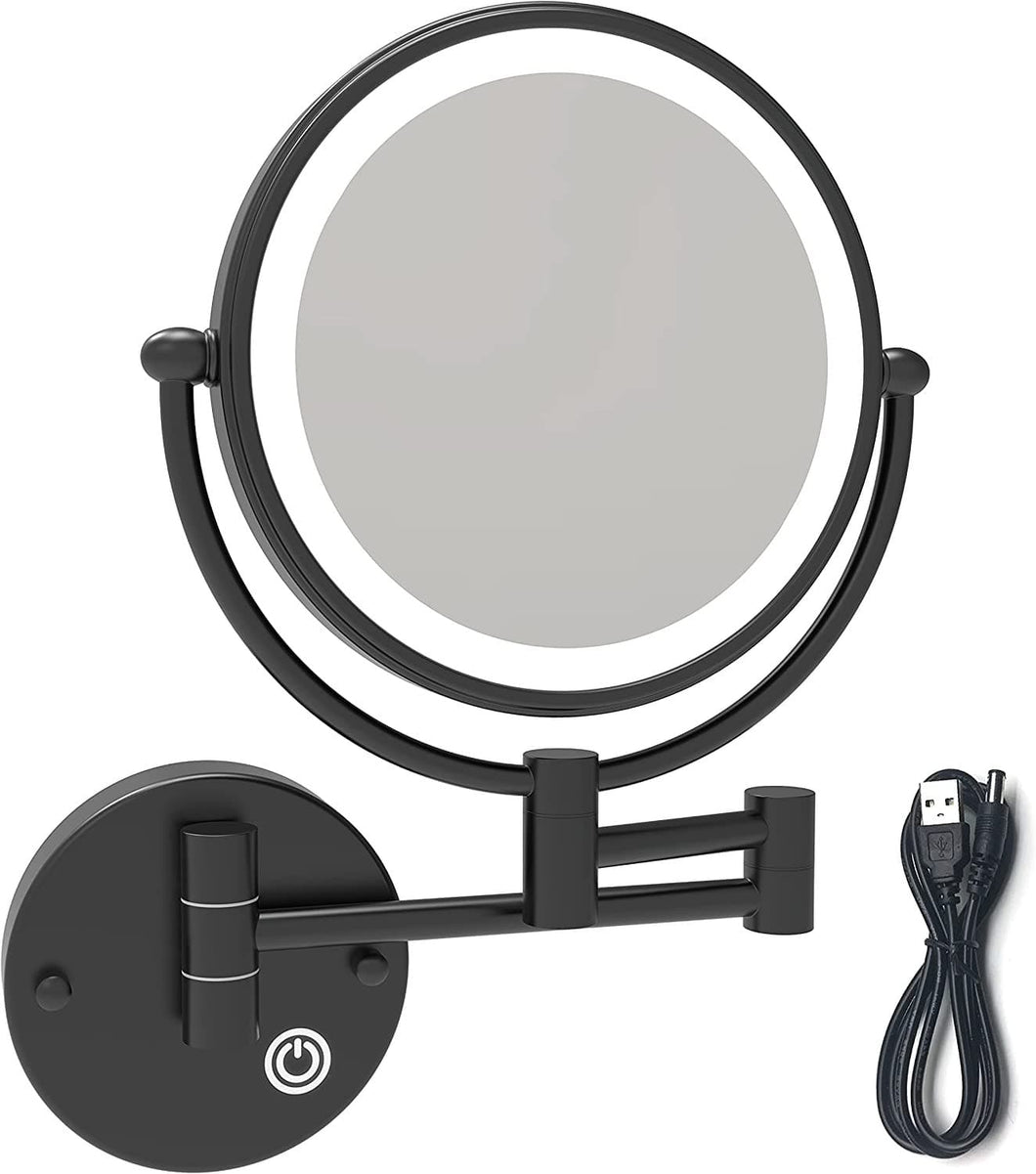 8'' LED Lighted Rechargeable Wall Mount Vanity Two-Sided Makeup Mirror, Matte Black, 1X/10X Magnification