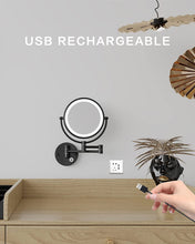 Load image into Gallery viewer, 8&#39;&#39; LED Lighted Rechargeable Wall Mount Vanity Two-Sided Makeup Mirror, Matte Black, 1X/10X Magnification
